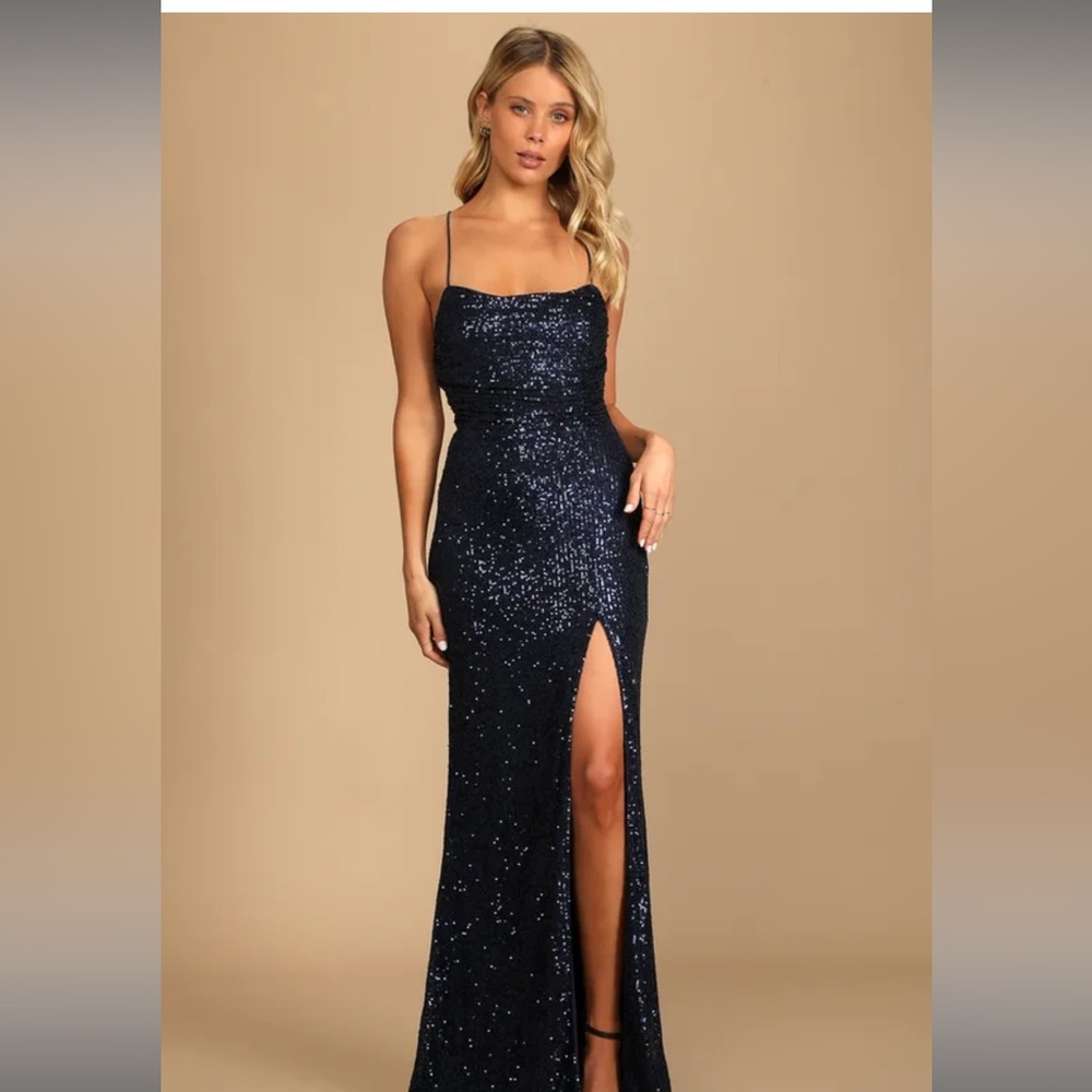 Lulus Evenings of Elegance Navy Blue Sequin Lace-Up Maxi Dress Navy Blue